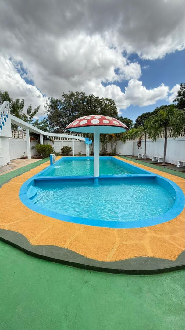 Piscina principal con hongo decorativo rojo y área infantil